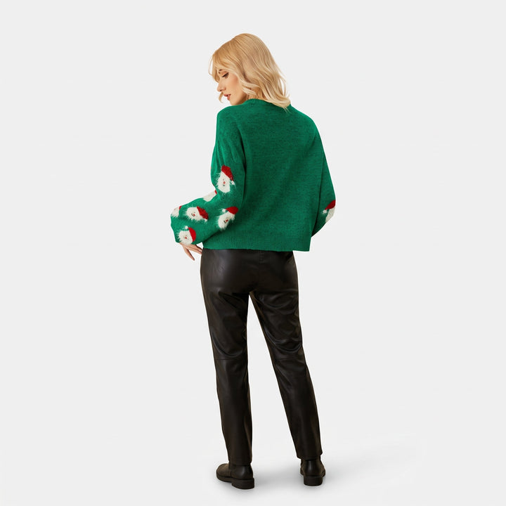 Women's Christmas Sweater, Knit Santa Print Relaxed Fit Pullover