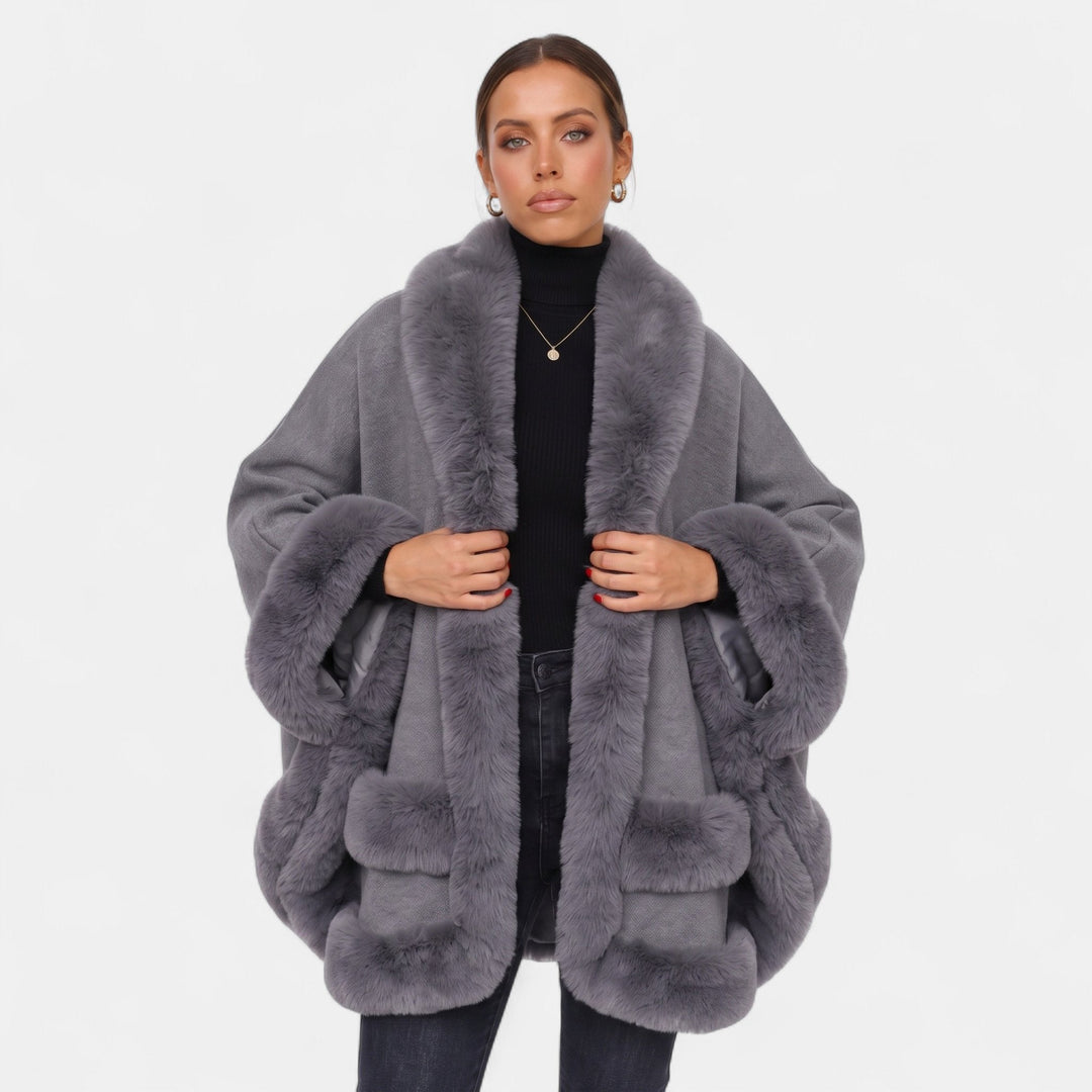 Women's Cape Coat, Oversized Faux Fur Trim Open Front Knit