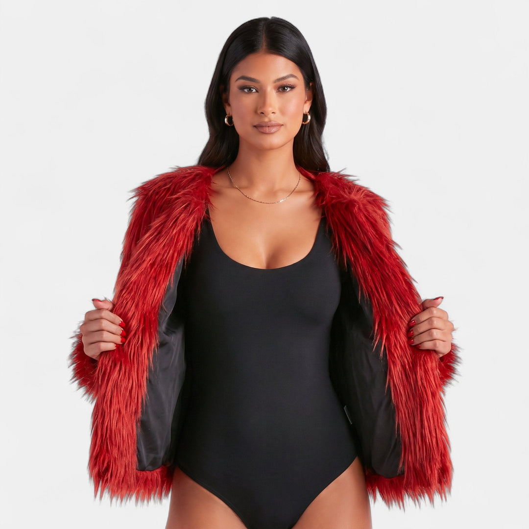 Women's Shaggy Faux Fur Coat, Collarless Open Front Hip Length
