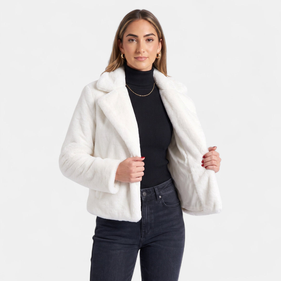 Women's Cropped Faux Fur Coat, Notched Lapel Open Front Satin Lining