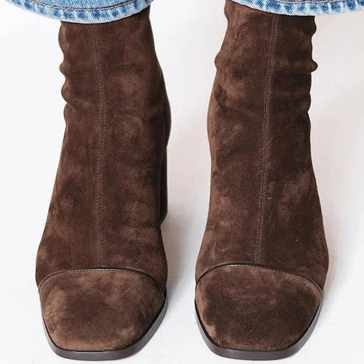 Women's Suede Square Toe Brown Boots, Block Heel Side Zip