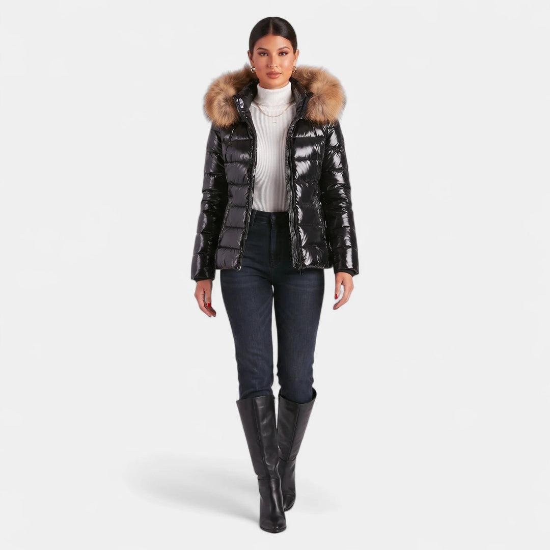 Women's Puffer Jacket, Hip Length Faux Fur Collar Tailored Zip