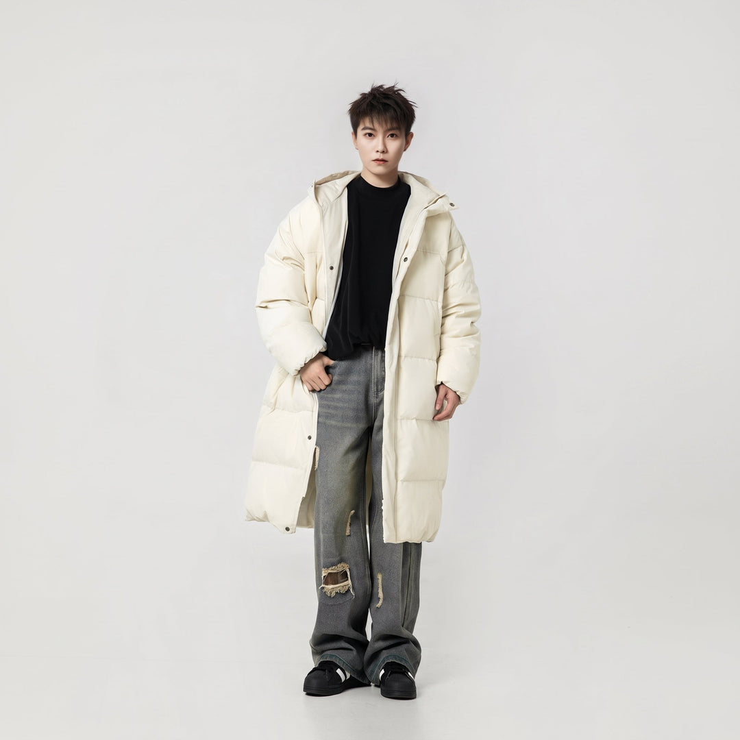Men's Puffer Jacket, Cream Long Quilted Hooded Mid-Thigh