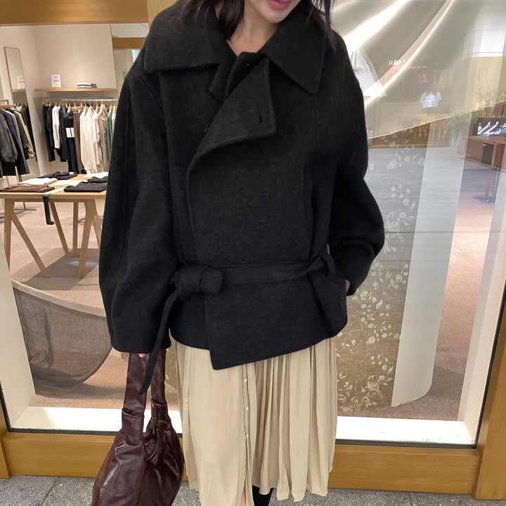 Women's Short Black Peacoat, Oversized Belted Wide Sleeves