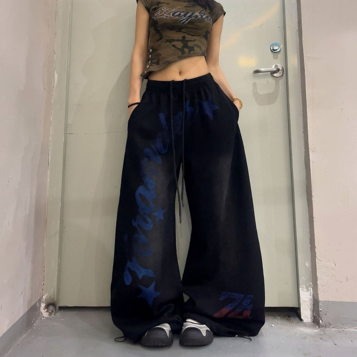 Women's Baggy Wide Leg Sweatpants, Star Print Script Graphic Toggle Hem
