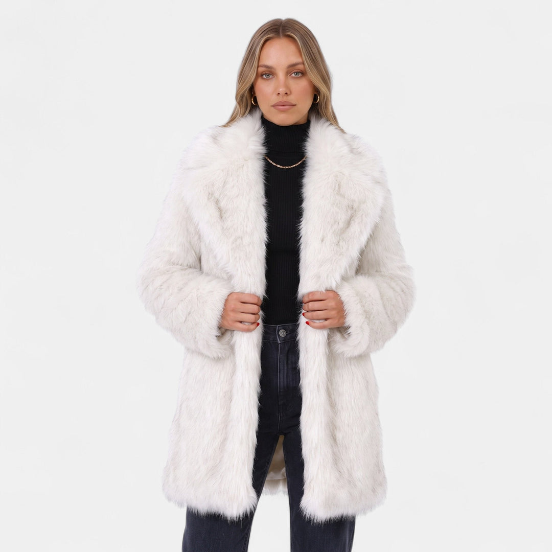 Women's Faux Fur Coat, Mid Thigh Wide Lapel Open Front Pockets