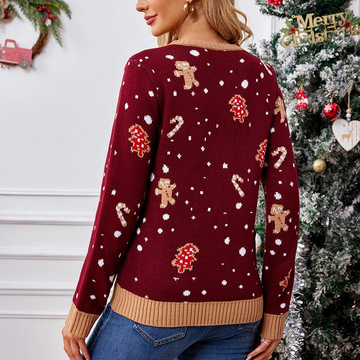 Women's Ugly Christmas Sweater, Knit Burgundy Gingerbread Relaxed Fit Pullover