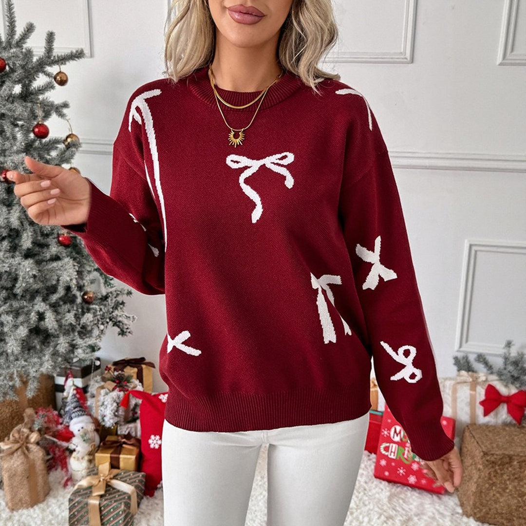 Women's Christmas Sweater, Knit Bow Jacquard Relaxed Fit Pullover