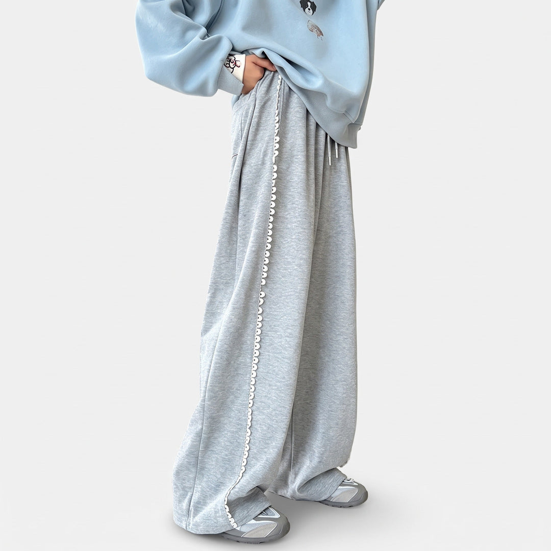 Women's Baggy Wide Leg Sweatpants, Lace Trim Seams and Hem