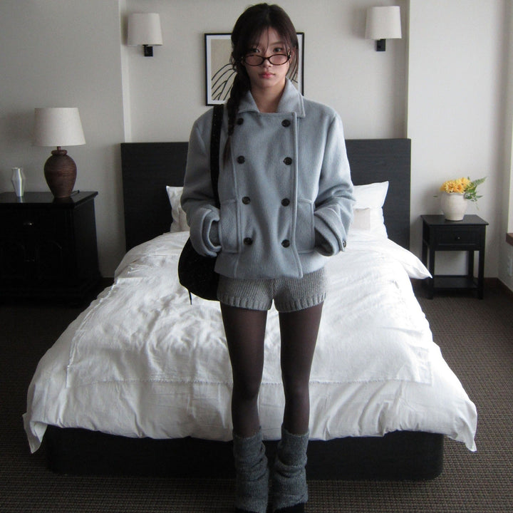 Women's Short Double Breasted Peacoat, Buttoned Cuff Tabs
