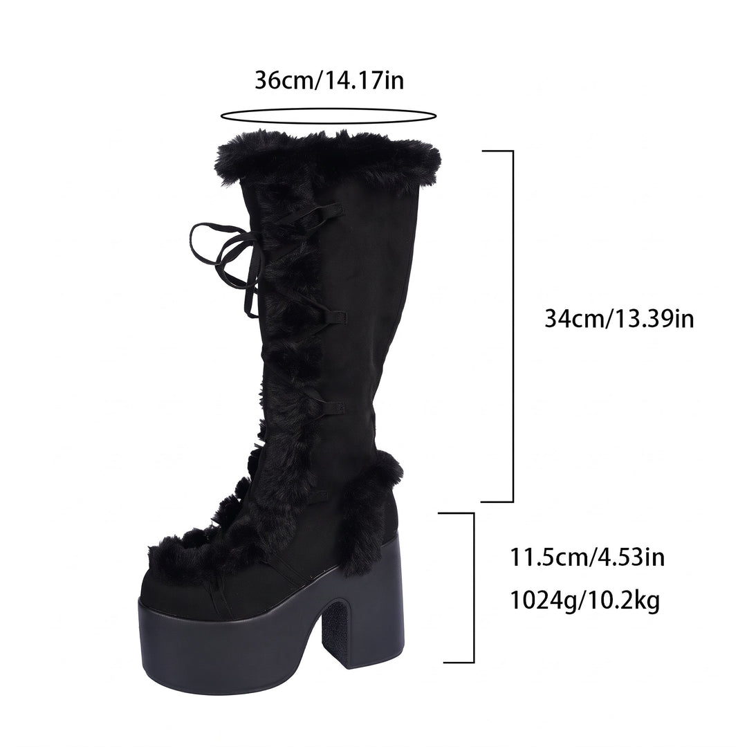 Women's Heeled Comfortable Winter Boots, Lace Fur Platform Fuzzy