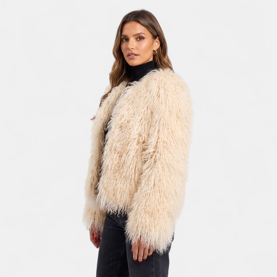 Women's Cropped Shaggy Faux Fur Coat, Collarless Open Front