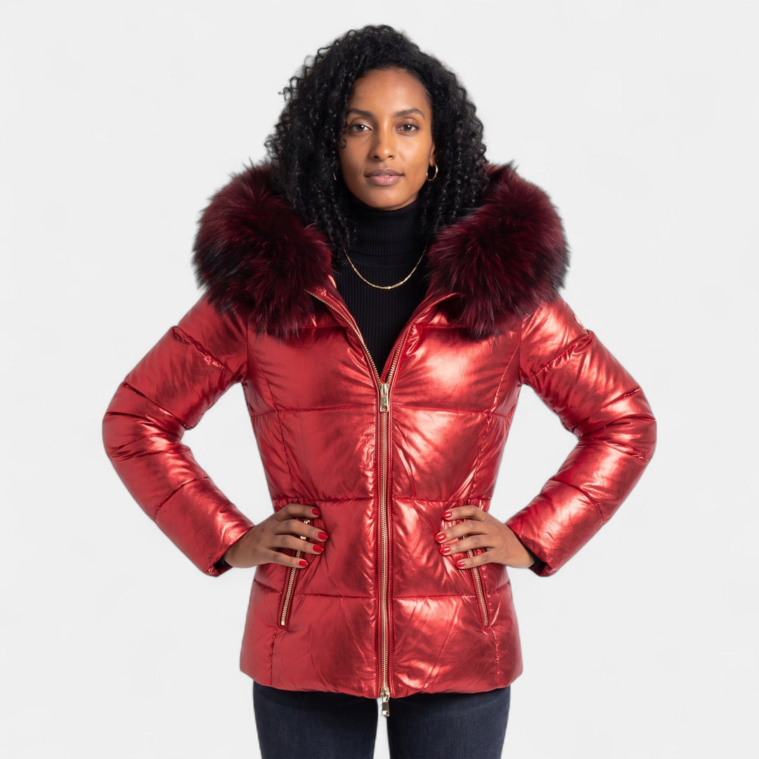 Women's Short Quilted Puffer Jacket, Hooded Metallic Front Zip