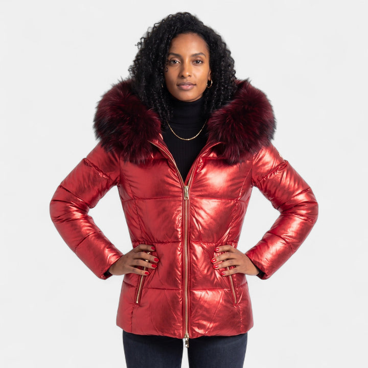 Women's Short Quilted Puffer Jacket, Hooded Metallic Front Zip
