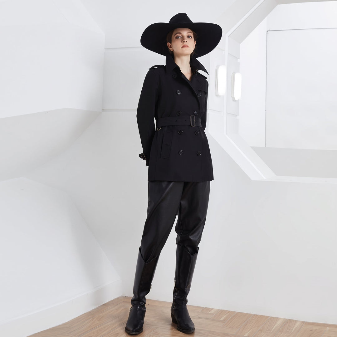 Women's Short Winter Trench Coat, Double Breasted Belted