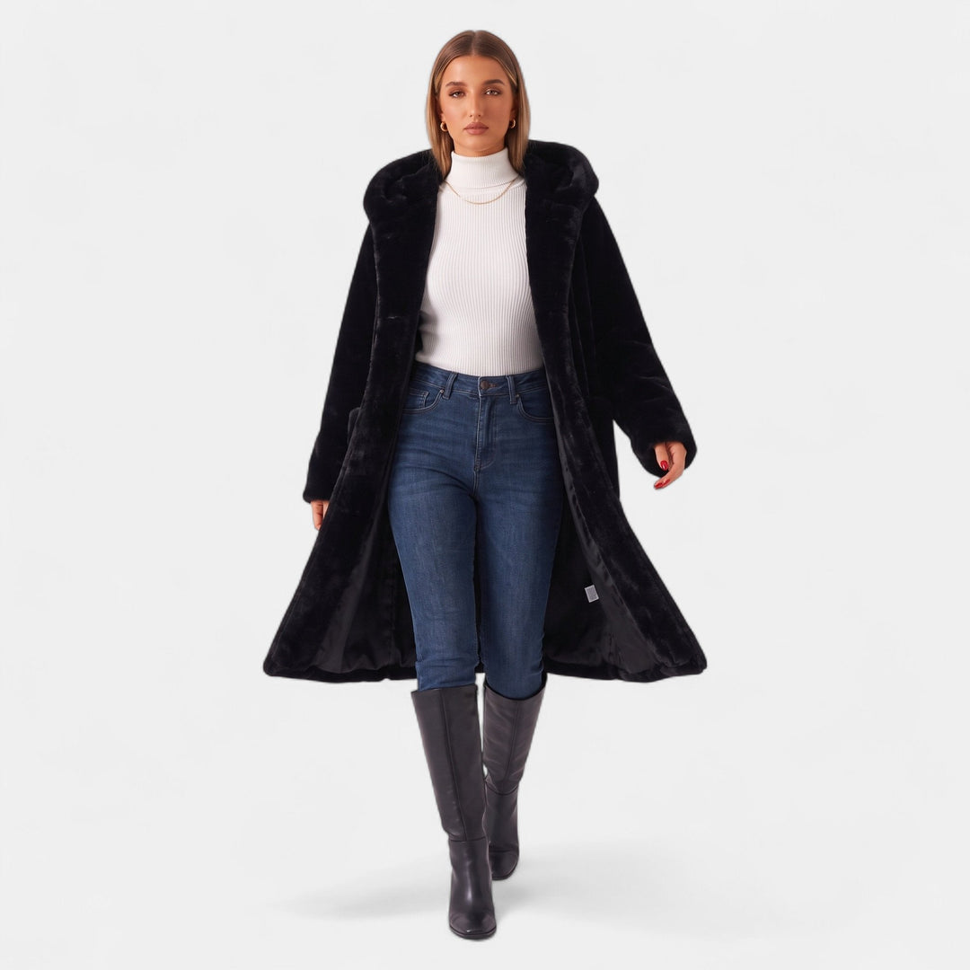 Women's Oversized Long Faux Fur Coat, Hooded Open Front Patch Pockets