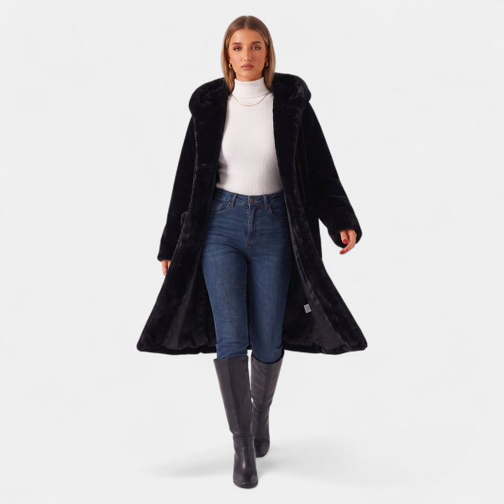 Women's Oversized Long Faux Fur Coat, Hooded Open Front Patch Pockets