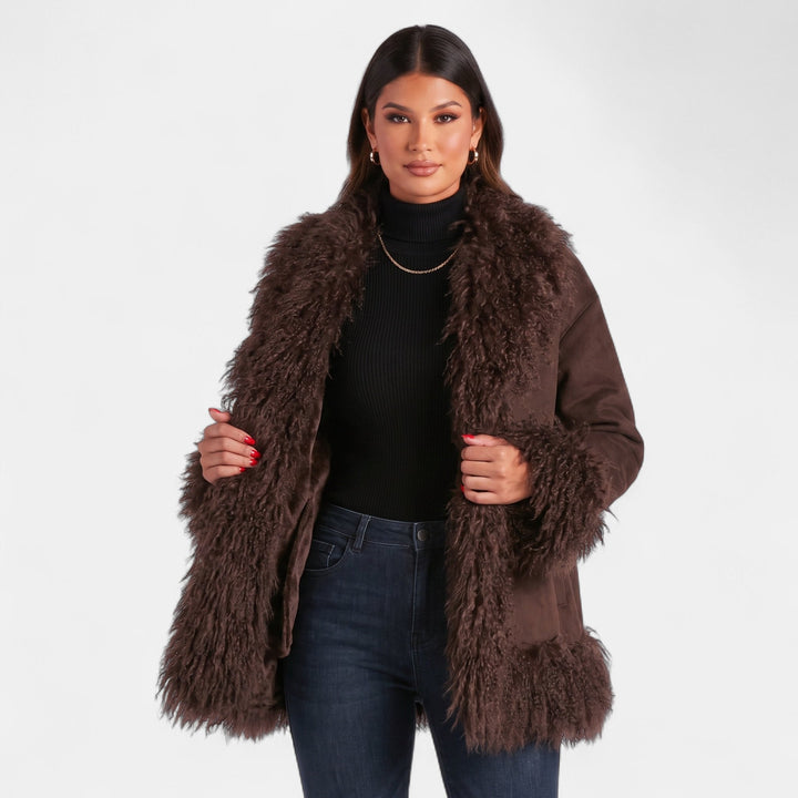 Women's Fuzzy Puffer Jacket Cardigan, Shearling Trim Panels