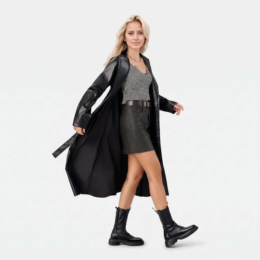 Women's Long Black Trench Coat, Faux Leather Notched Lapels