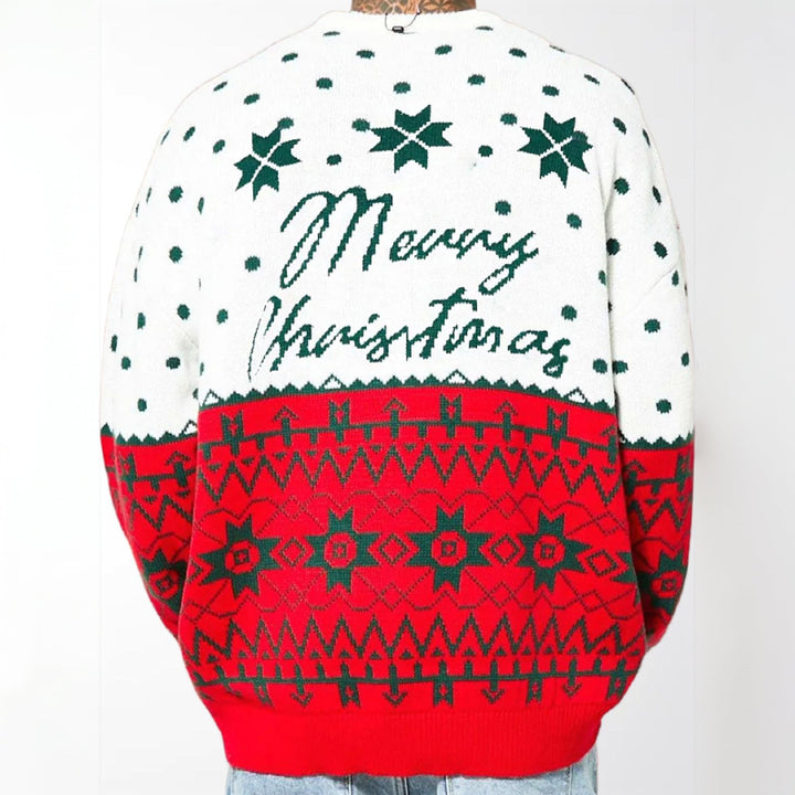 Men's Christmas Sweater, White Knit Fair Isle Relaxed Fit Pullover