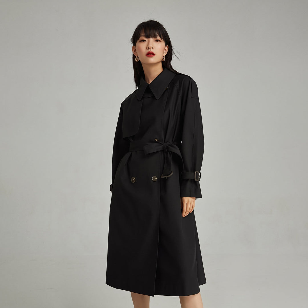 Women's Long Winter Trench Coat, Double Breasted Belted