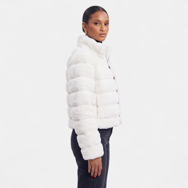 Women's Cropped Faux Fur Coat, Tiered Stand Collar Front Zip