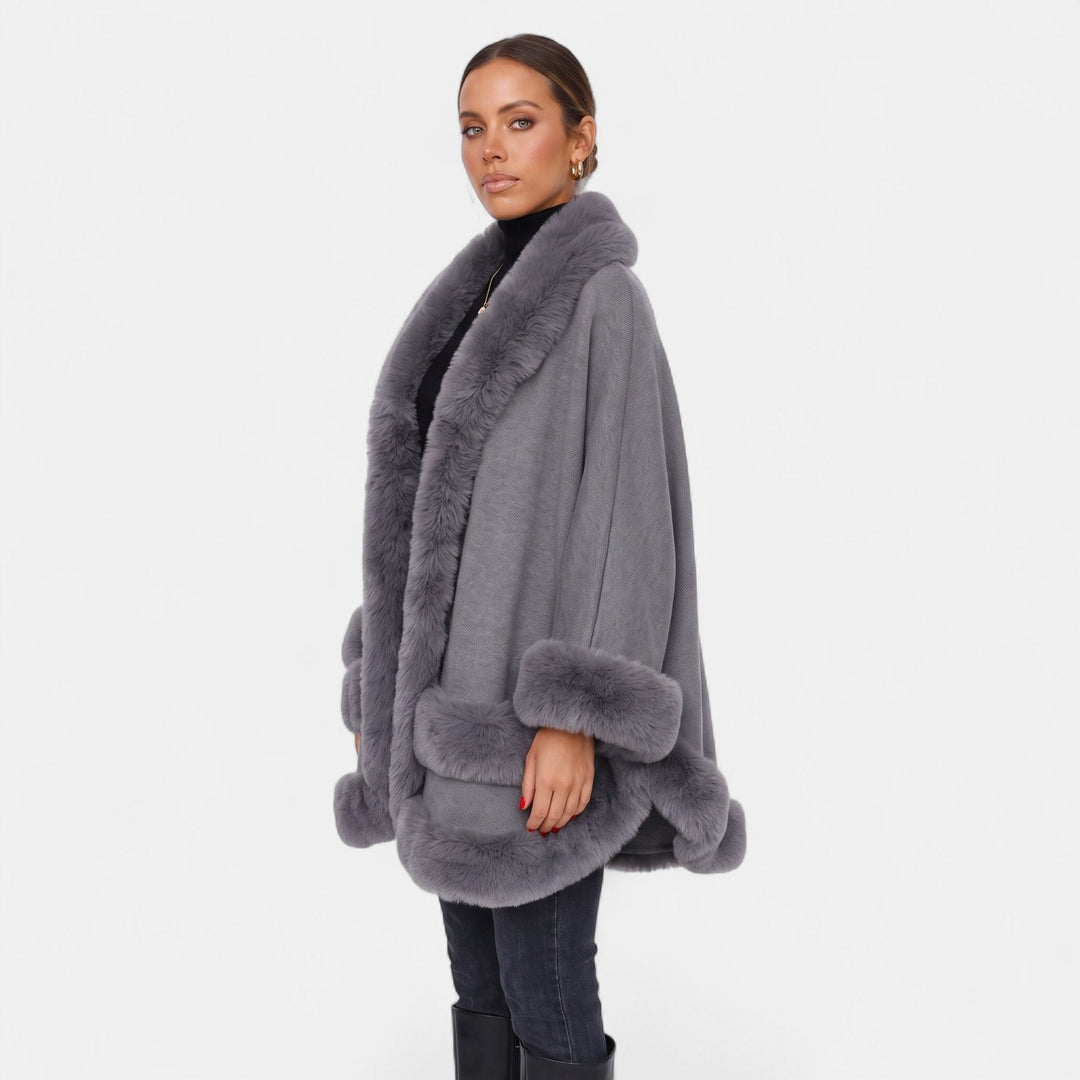 Women's Cape Coat, Oversized Faux Fur Trim Open Front Knit