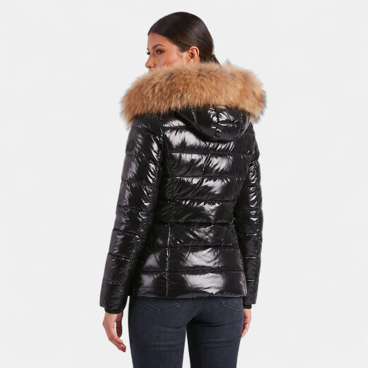 Women's Puffer Jacket, Hip Length Faux Fur Collar Tailored Zip