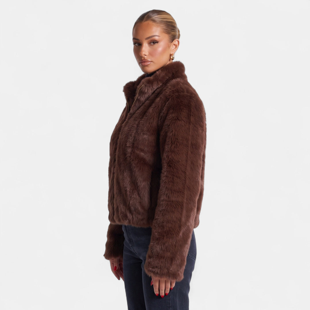 Women's Cropped Faux Fur Coat, Stand Collar Front Zip Quilted