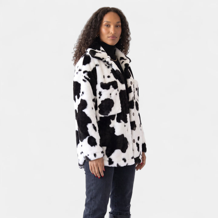 Women's Cow Print Sherpa Jacket, Oversized Button Front Flap Pockets