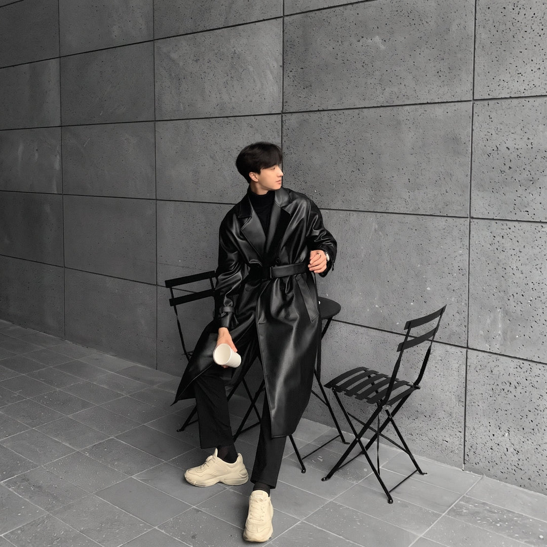 Men's Long Black Trench Coat, Oversized Double Breasted Belted