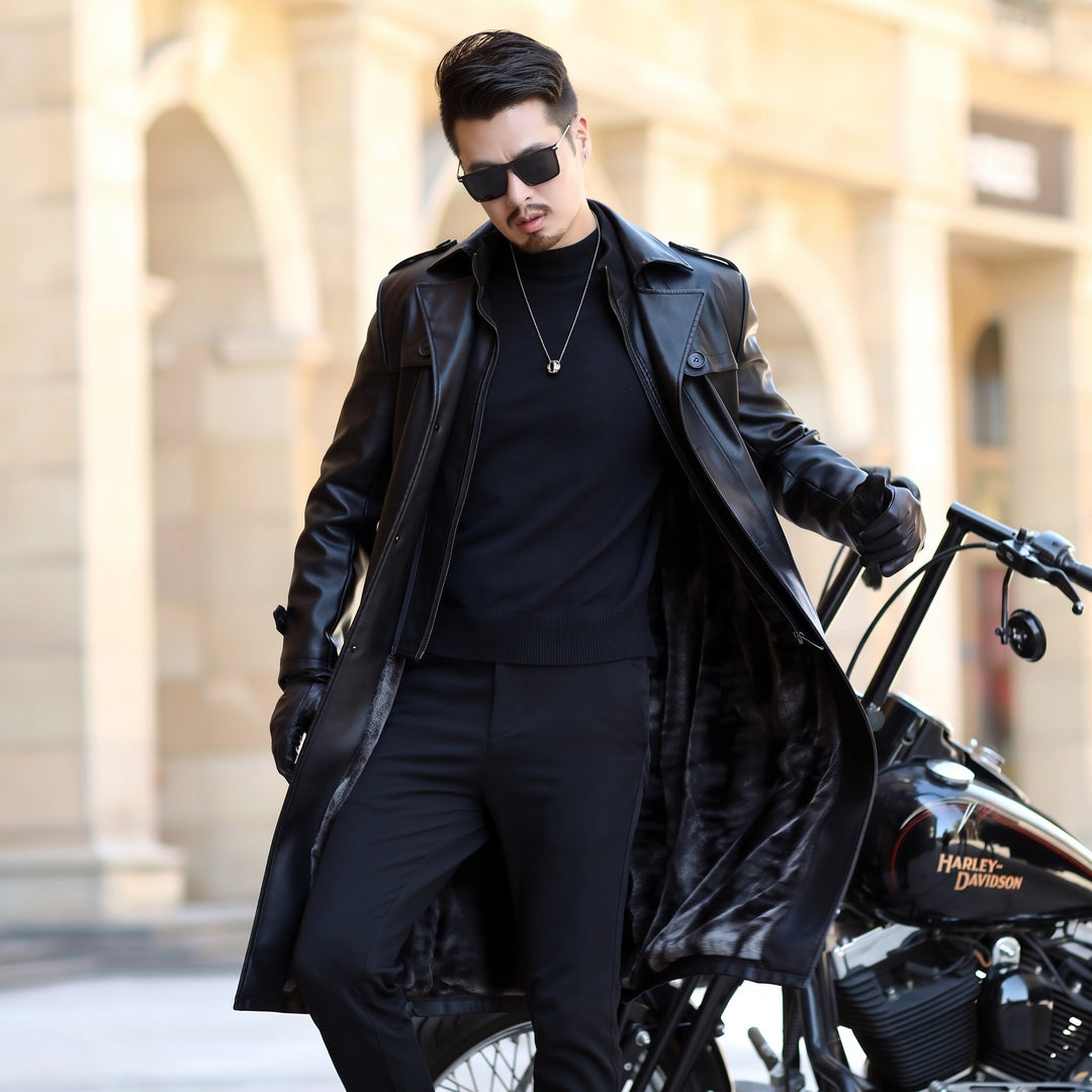 Men's Long Black Trench Coat, Single Breasted Fitted Length Shiny