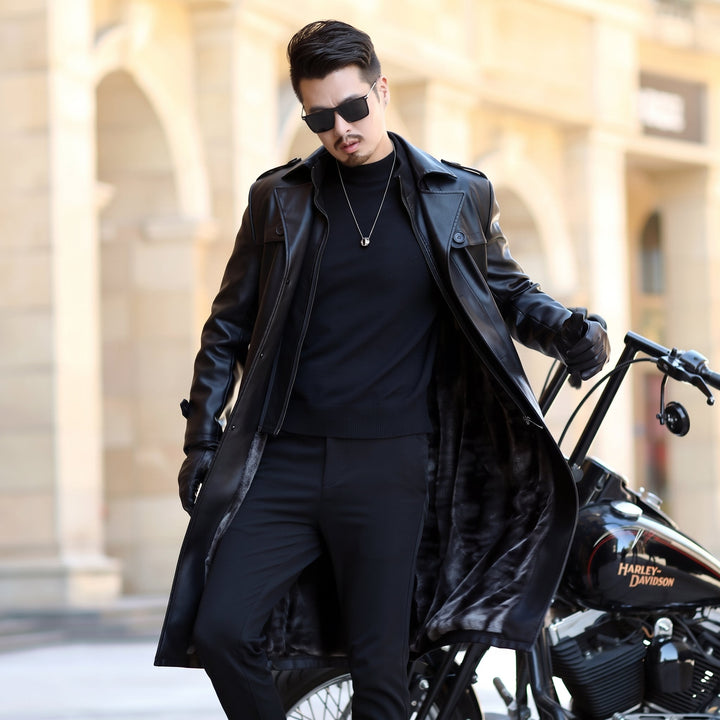 Men's Long Black Trench Coat, Single Breasted Fitted Length Shiny