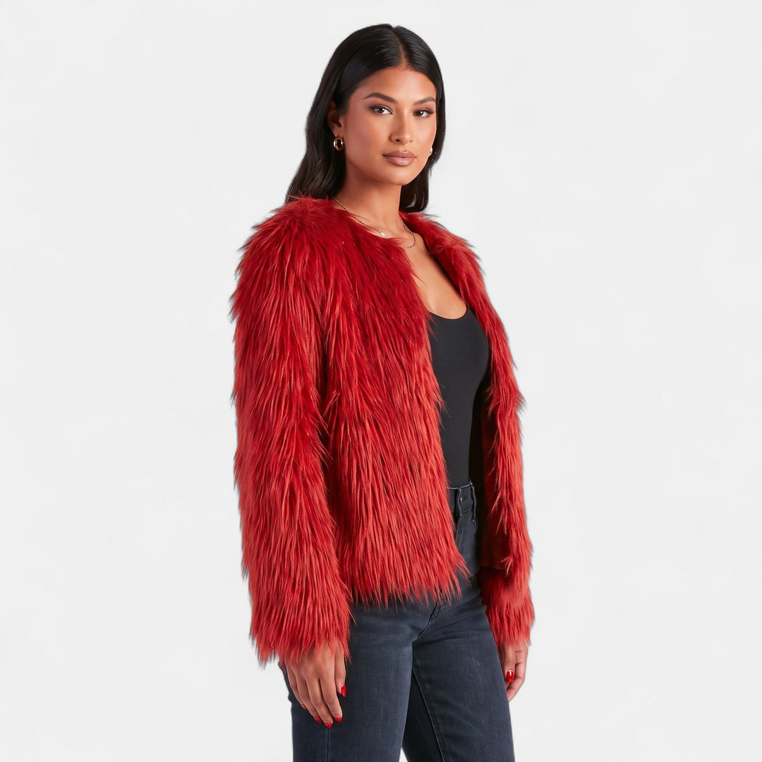 Women's Shaggy Faux Fur Coat, Collarless Open Front Hip Length