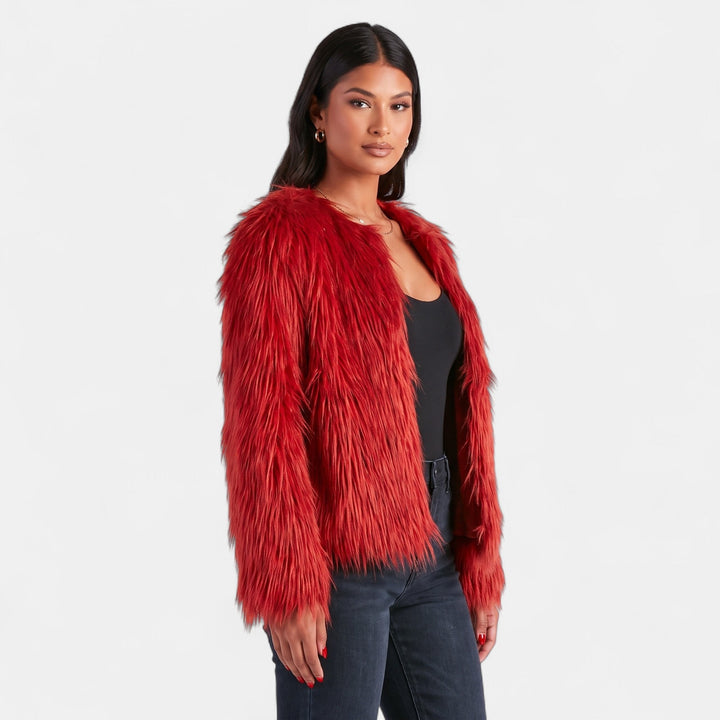 Women's Shaggy Faux Fur Coat, Collarless Open Front Hip Length
