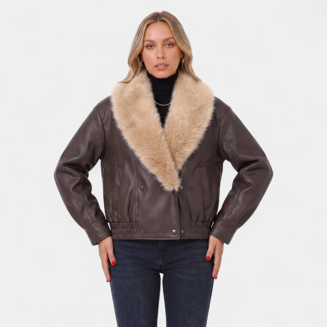 Women's Oversized Faux Leather Bomber Jacket, Faux Fur Shawl Collar