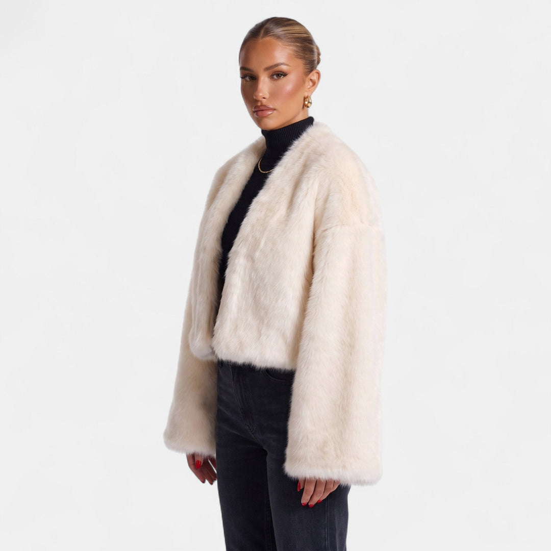 Women's Cropped Faux Fur Jacket, Oversized Boxy Wide Sleeve