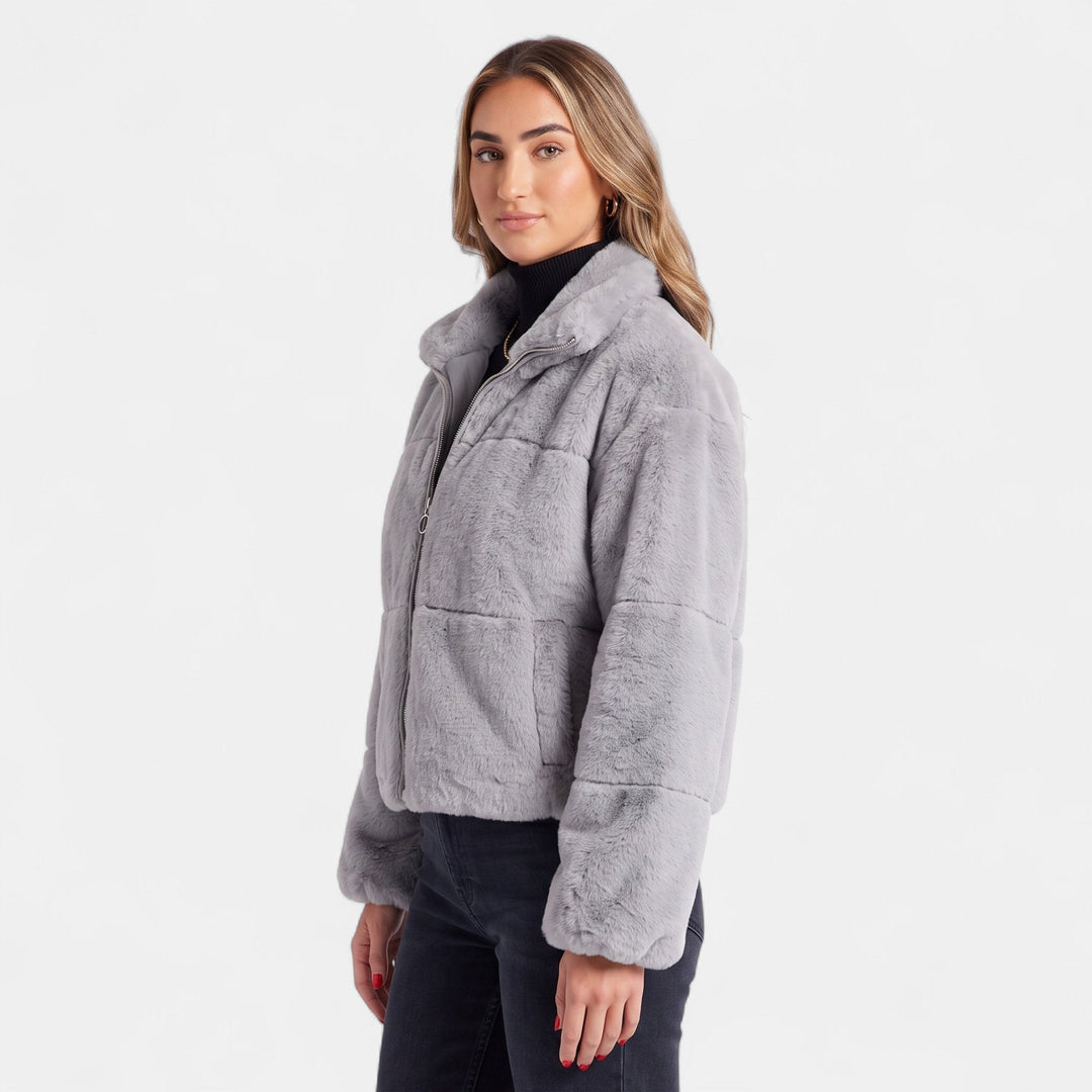 Women's Cropped Oversized Faux Fur Coat, Stand Collar Zip Up Quilted