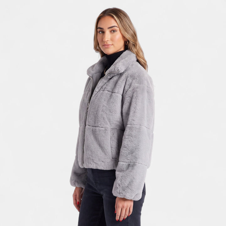 Women's Cropped Oversized Faux Fur Coat, Stand Collar Zip Up Quilted
