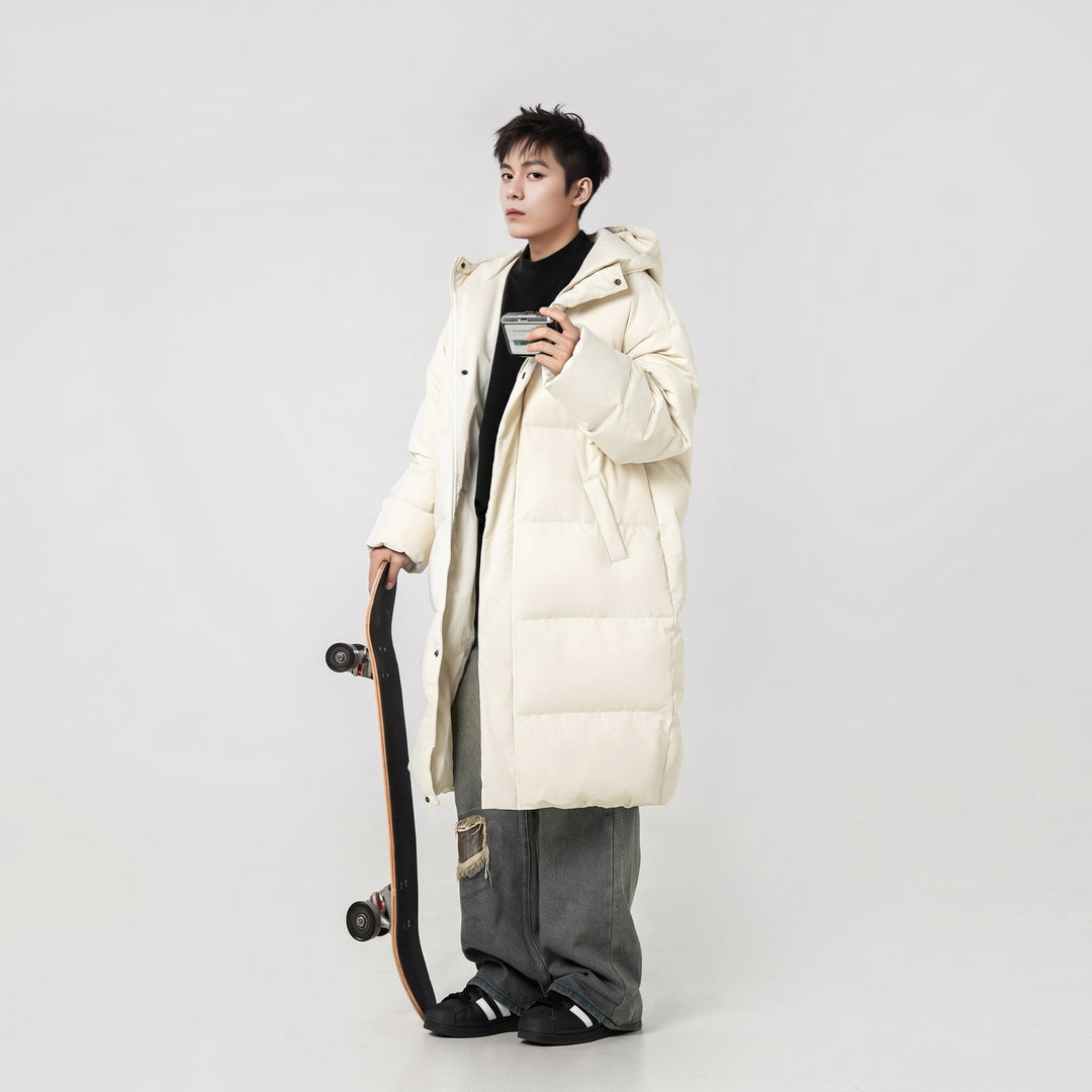 Men's Puffer Jacket, Cream Long Quilted Hooded Mid-Thigh