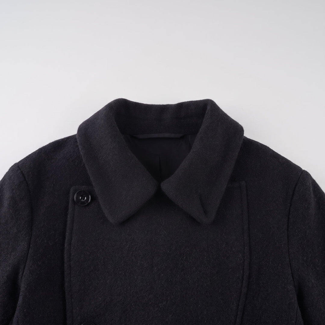 Women's Short Black Peacoat, Oversized Belted Wide Sleeves
