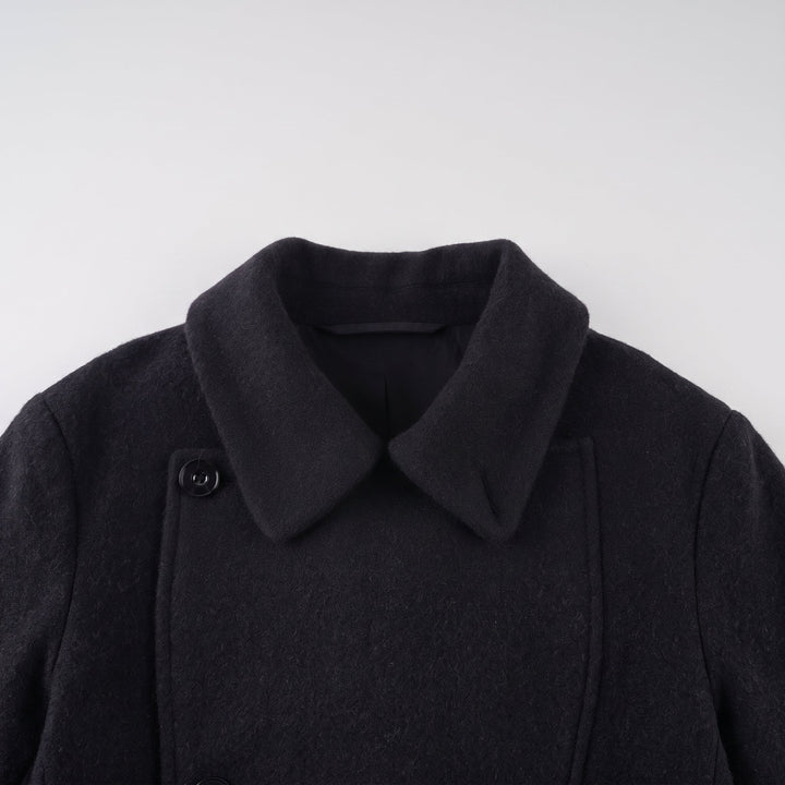 Women's Short Black Peacoat, Oversized Belted Wide Sleeves