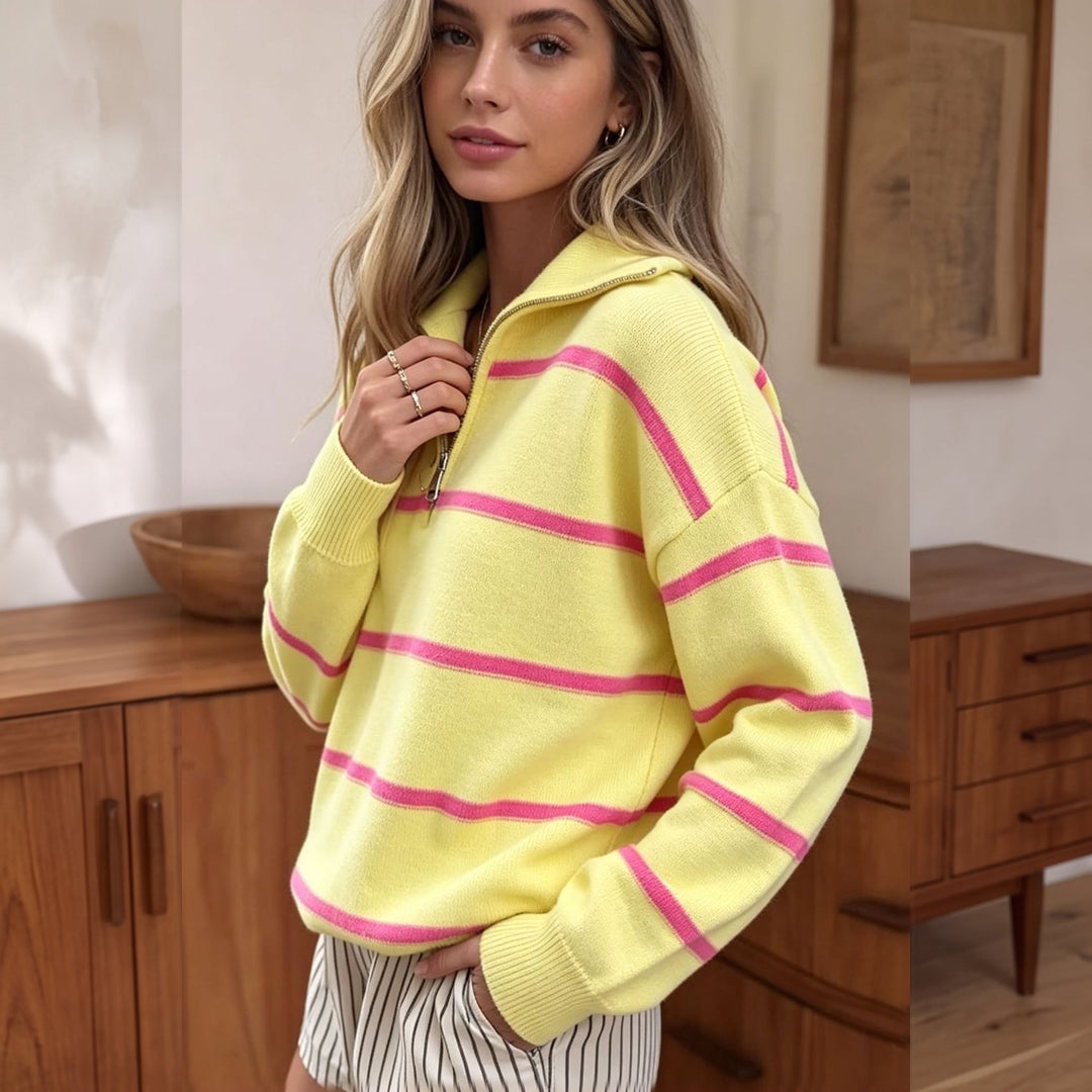Women's Quarter Zip Sweater, Oversized Striped Knit Pullover