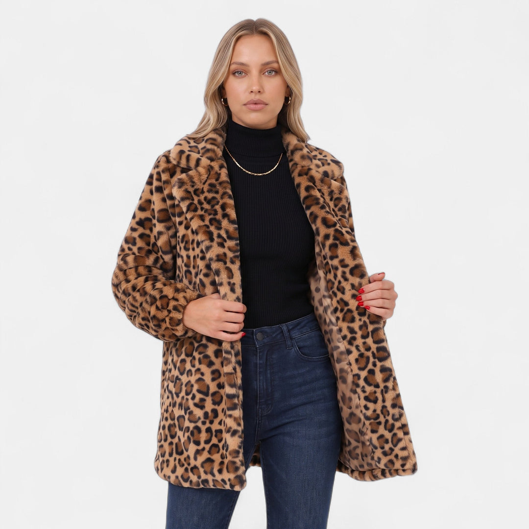 Women's Leopard Print Faux Fur Coat, Mid Thigh Notched Lapel