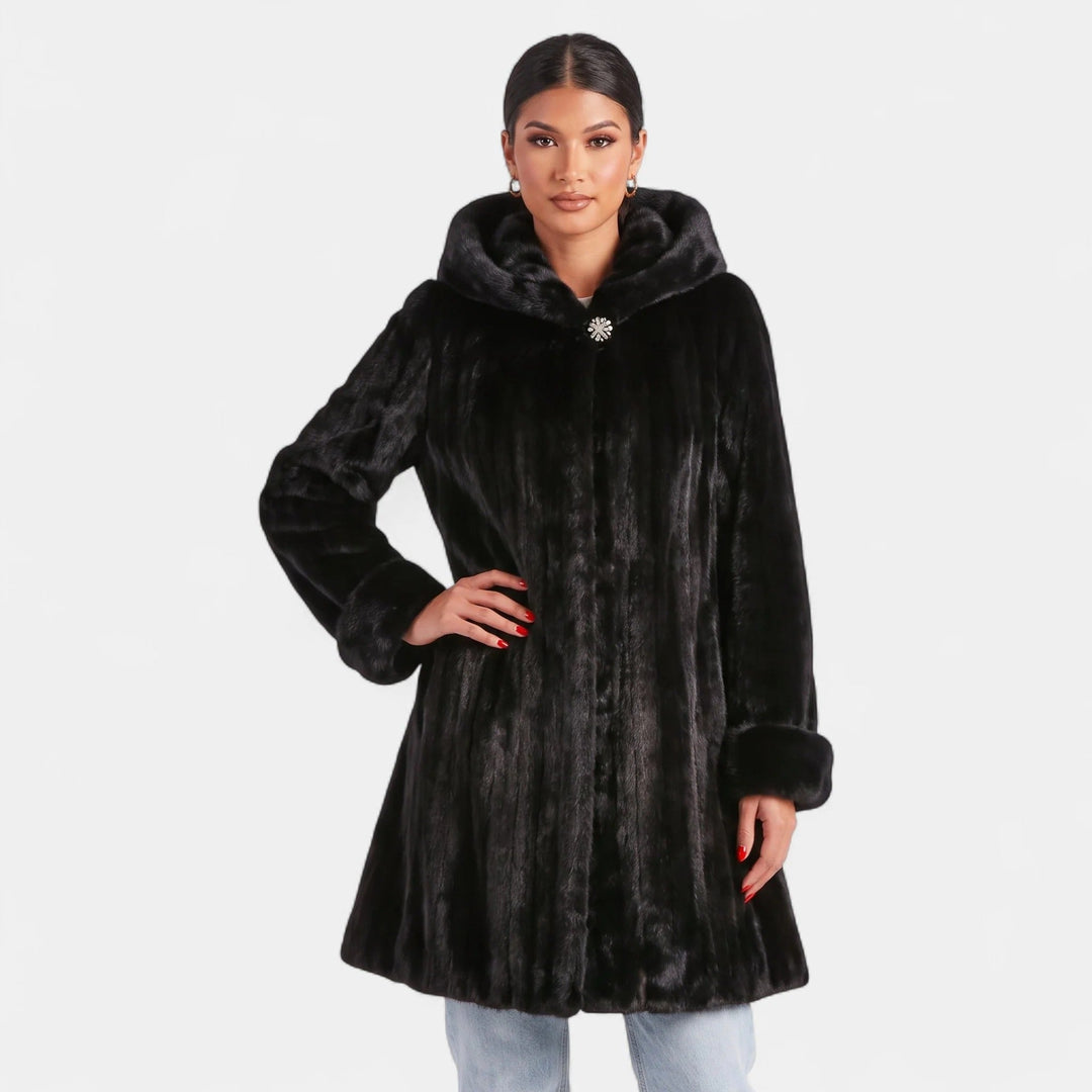 Women's Oversized Hooded Faux Fur Coat, Knee Length Open Front