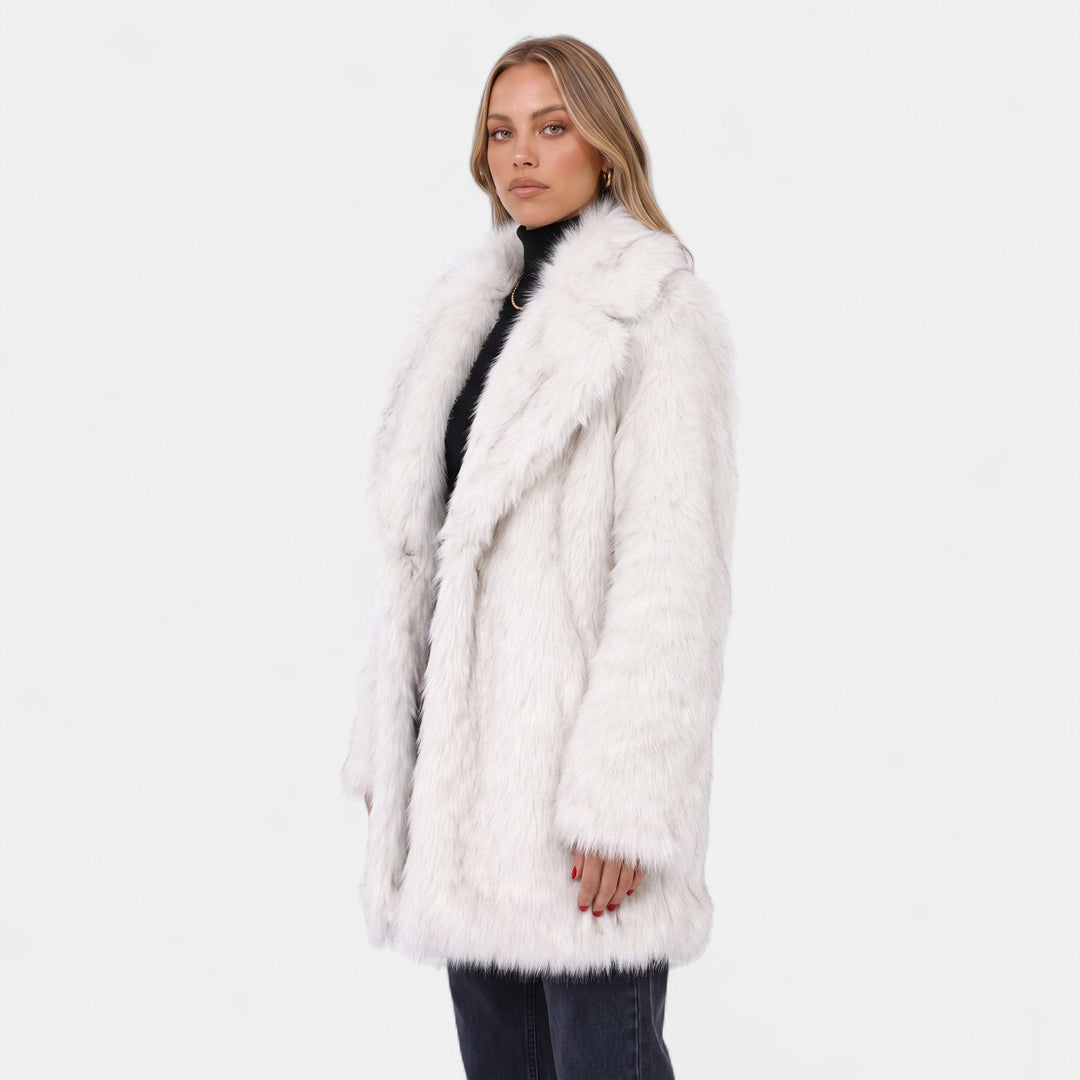Women's Faux Fur Coat, Mid Thigh Wide Lapel Open Front Pockets