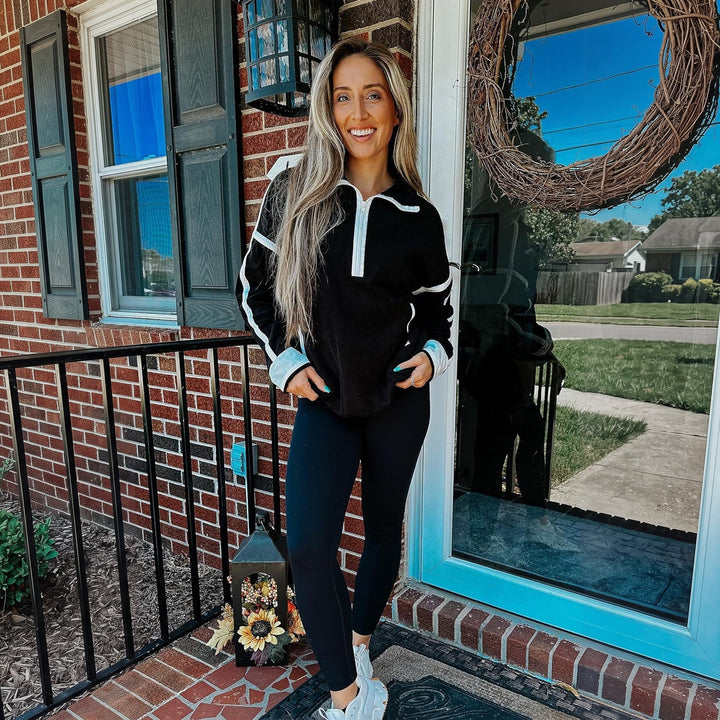 Women's Quarter Zip Sweater, Contrast Trim Mock Neck Pullover