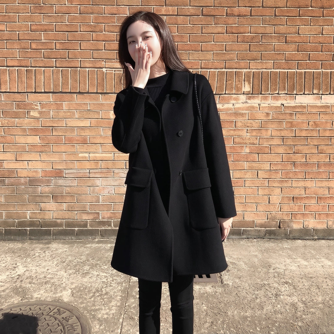 Women's Black Double Breasted Peacoat, Oversized Mid Length