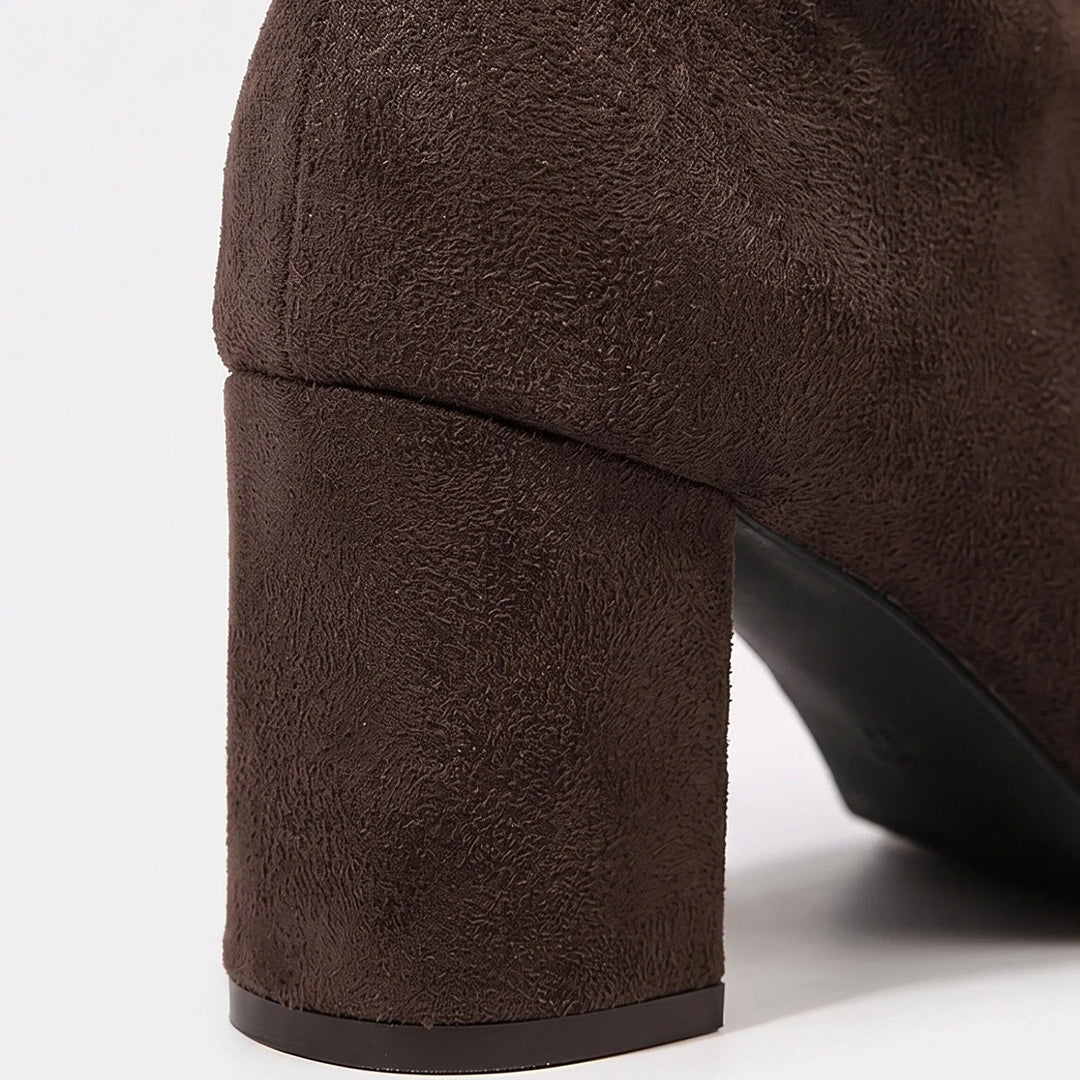 Women's Knee High Boots, Suede Block Heel Pointed Toe Fitted