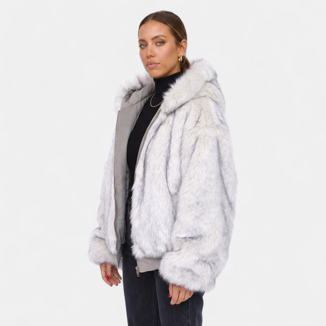 Women's Oversized Faux Fur Coat, Hooded Zip Up Ribbed Hem